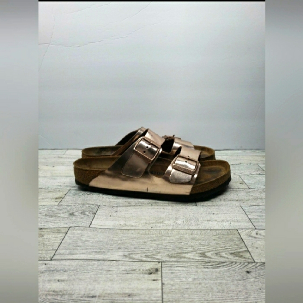 Birkenstock Arizona 40  Metallic Rose Gold Leather Shoes Sandals